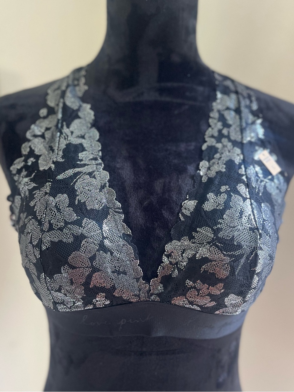 PINK Victoria's Secret Black Lace Bralette with Silver Floral Detail